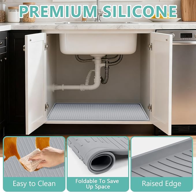 27" x 27" Under Sink Mat for Kitchen Lanstics Under Sink Organizer | Waterproof Raised Edge Silicone Mat Sink Protector Silicone Organizers Tray for Kitchen Bathroom