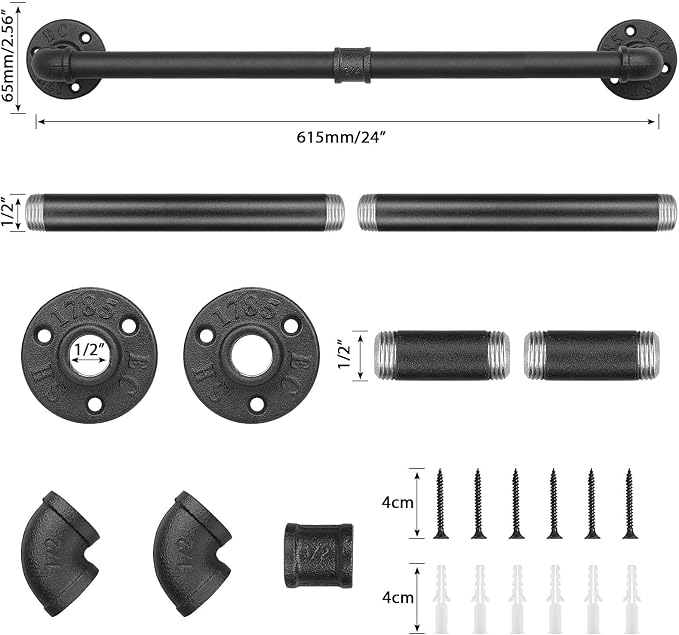 Industrial Pipe Towel Rack Towel Bar, Heavy Duty Wall Mounted Rustic Farmhouse Bath Towel Holder for Bathroom (Black, 24 inch)