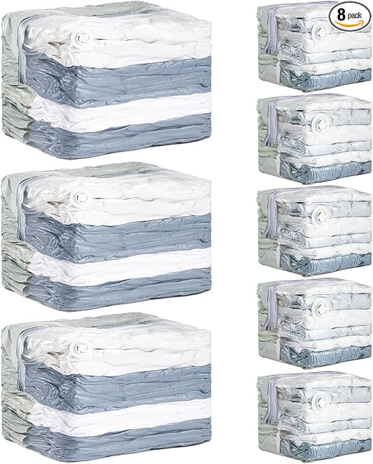 TAILI 8 Pack Cube Vacuum Storage Bags, Combo(3 Jumbo+5 Medium), Cream | Vacuum Seal Bags for Clothing, Blankets, Bedding, Comforters, No Pump Compression Cube, 2 Size Space Saving