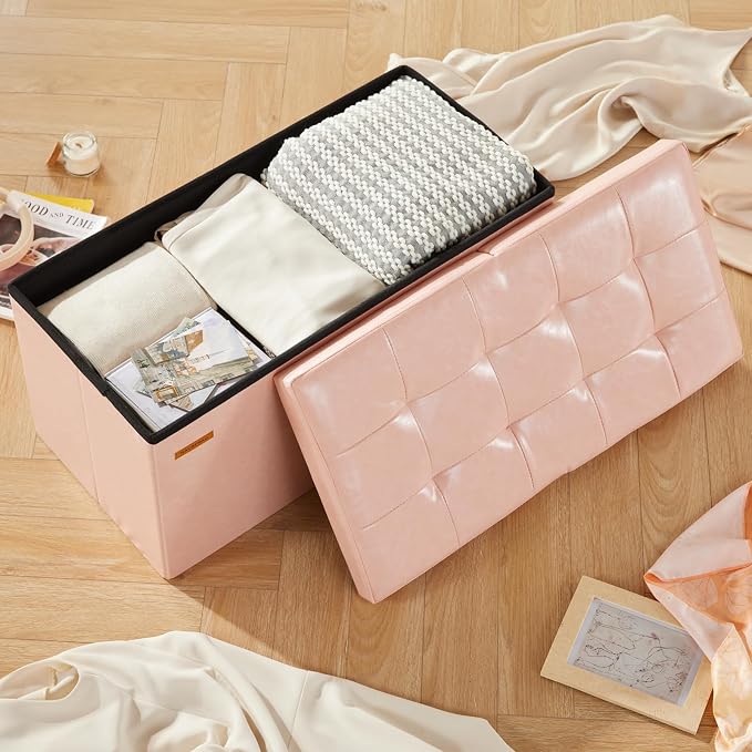 HAUSFRAU Ottoman with Storage Bench Folding Foot Rest Stool Pale Pink | 30", Flip Lid, Faux Leather, Upholstered Foldable Footrest Footstool, Bedroom Bench, Living Room Dorm Ottoman, Rectangle