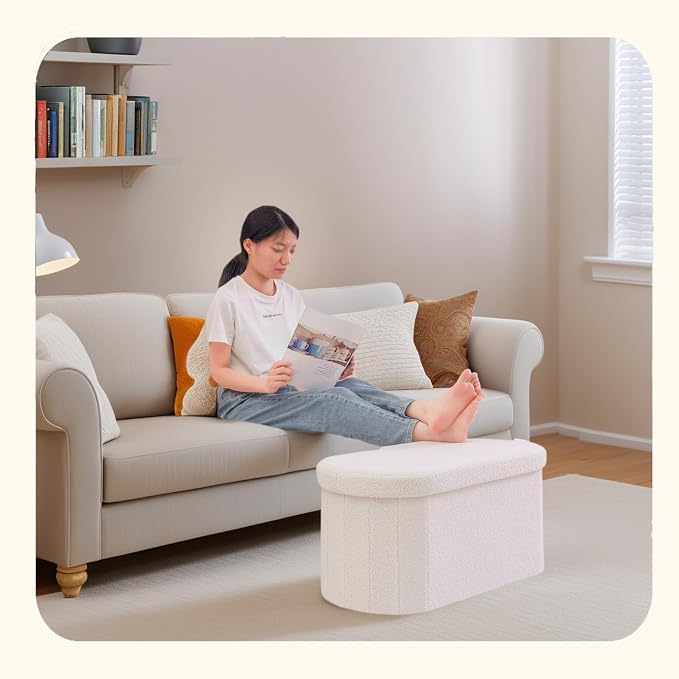 PINPLUS Storage Ottoman Bench Tufted Oval with Storage for Living Room Boulce Foot Rest, Velvet Foot Rest 30"x15"x15" White