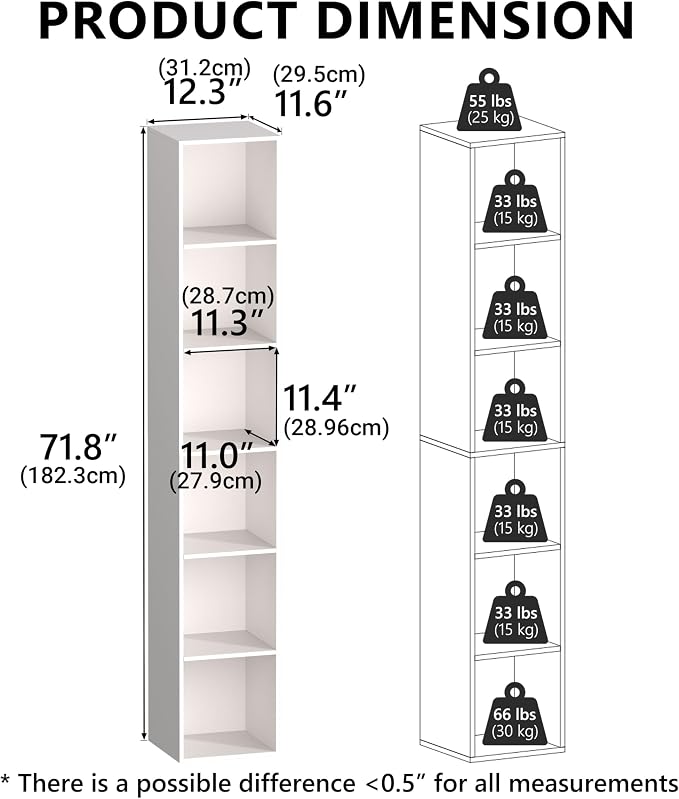 White Cube Shelf, 6 Cube Storage Organizer, 6-Tier Freestanding Low Bookshelf, Modern Cube Shelf for Living Room, Bedroom, Kids Toys, Home Office, Multi-Purpose Tall Cube Storage Furniture