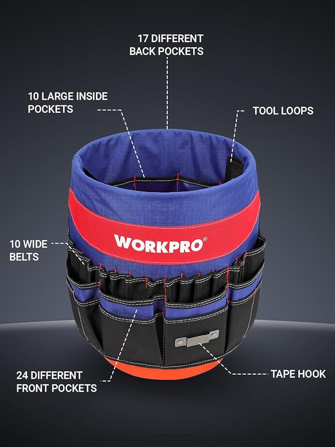 WORKPRO Bucket Tool Organizer with 51 Pockets Fits to 3.5-5 Gallon Bucket (Tools Excluded) | Perfect for Garden, Construction, Carpenter, Electrician, Welding Organize Tools