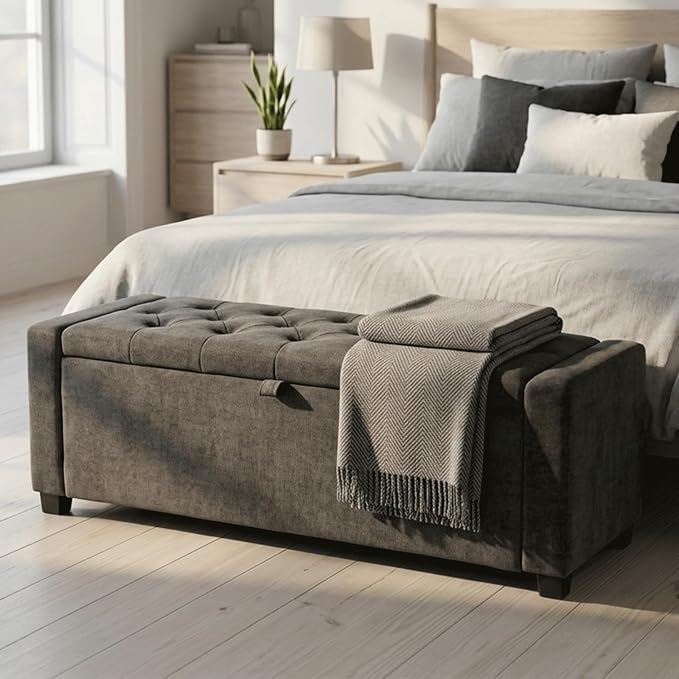47" White Ottoman Bench, Comfort Bed End Storage Bench for Living Room | Versatile design works as a coffee table or footstool; easy assembly, sturdy structure, and comfortable padded cushion.