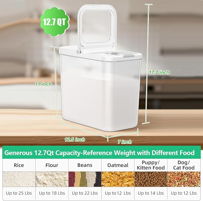 TBMAXS Rice Flour Storage Container - 12.7 Qt | 25 Lbs Crystal-Clear Plastic Food Storage Containers Bin with Pop-up Lid for Grains Beans, Dry Food Holder for Kitchen Pantry Organization and Storage