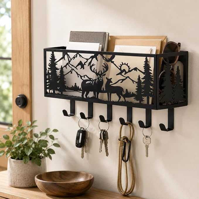 Deer Metal Wall Mail Organizer Wall Mounted Key and Mail Holder Mail Basket Hanging Mail Sorter and Key Organizer for Entryway Bedroom Bathroom