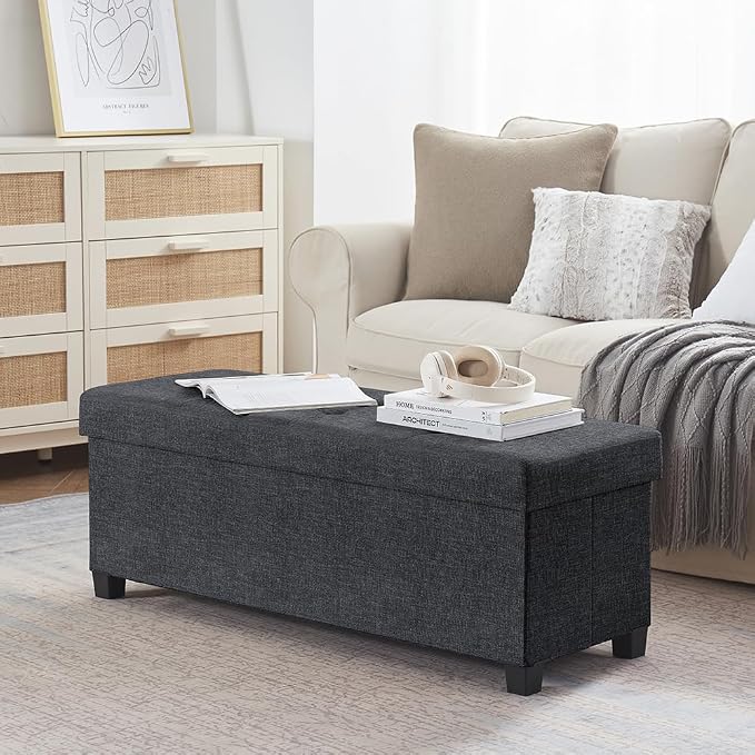 Ornavo Home 43" Large Storage Ottoman Bench with Legs, Black | Foot Rest Stool; Ottoman with Hidden Storage; Ideal for Bedroom, Living Room, Entryway or Home Office