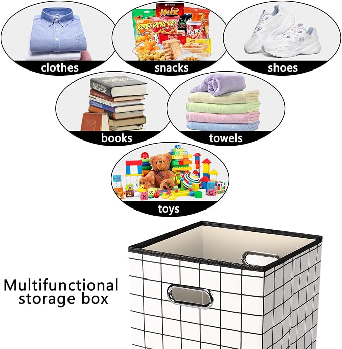 Yunkeeeper storage bins Cubes, Fabric Cube Organizer with Handle, Foldable Cube Bins for Cloth or Accessary Storage, 11x11x11, Set of 6, (White grid)