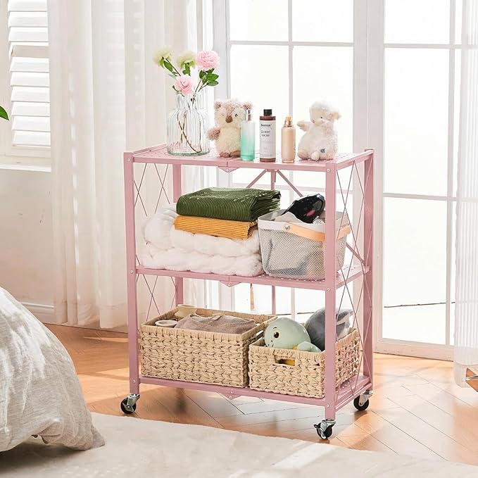 BRIAN & DANY 3-Tier Foldable Storage Shelves with Wheels, No Assembly Folding Shelf Metal Rack, Shelving Unit for Kitchen, Garage, Pink