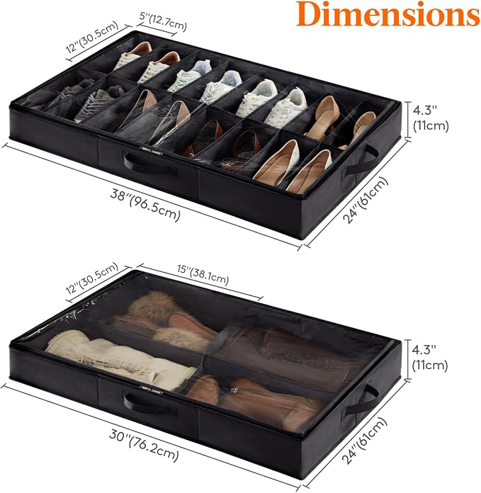 Lifewit Under Bed Shoe Storage Organizer 1 Pack(16 Shoes Cells+4 Boots Cells), 4.3 Inches Profile Fabric Shoes Container Box with Clear Cover, Foldable Storage Bag with 2 Handles, Fits 12 to 20 Pairs