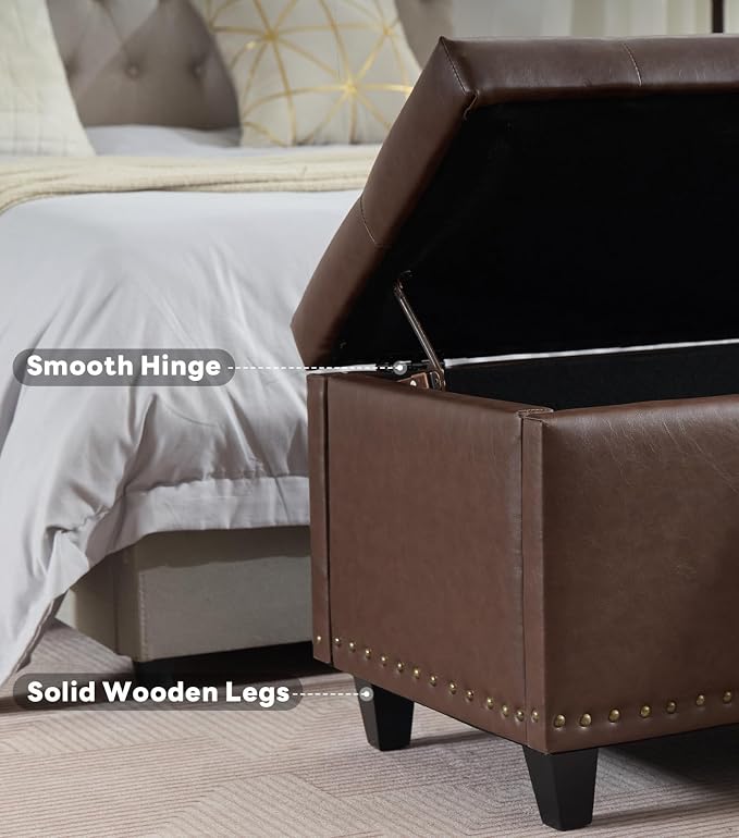 Tbfit Long Ottoman with Storage, 50.8" Faux Leather End of Bed Bench with Safety Hinge, Entryway Benches Large Storage Ottoman Bench for Bedroom, Living Room, Holds up to 660 lb(Dark Brown)