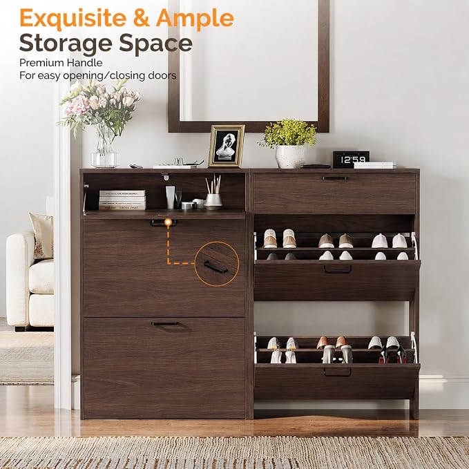 VINGLI Set of 2 Shoe Cabinets Storage for Entryway,2-Pack,Walnut | 16–24 Pairs,Skirting Board Cutout,Drop-Down Drawer,9.4"D Slim,Modern,2 Flip Drawers,Adjustable & Removable Shelf
