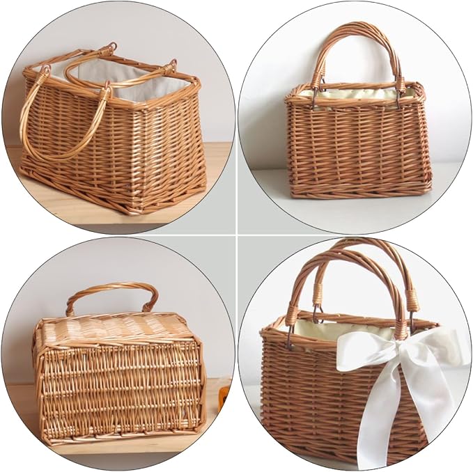 Wicker Storage Basket Handles Handwoven Rattan Organizer for Home Tabletop Use Decorative Wicker Baskets for Blankets and Toys Rustic Style