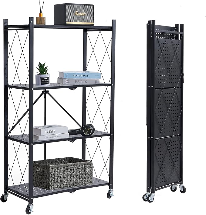BRIAN & DANY 4-Tier Foldable Storage Shelves with Wheels, Folding Metal Rack Shelving Unit, Heavy Duty No Assembly Organizer Shelf for Garage, Kitchen, Basement, Pantry, Black