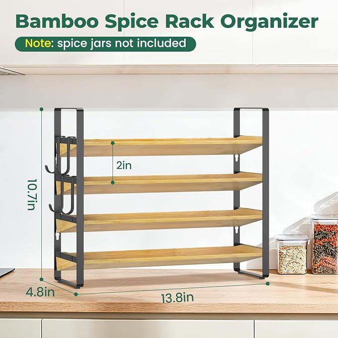EsLuker.ly Spice Seasoning Rack Organizer Kitchen Countertop, 4 Tier Bamboo | Spice Shelf Holder Storage with 4 Hooks, Wall Mounted Freestanding Stand for Pantry, Quick Spice Access(Jars Not Included)