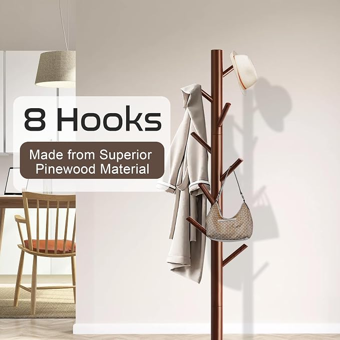 Aliphon Wooden Coat Rack Stand, Freestanding Coat Rack with 8 Hooks, 3 Adjustable Size Coat Tree for Hats, Coats, Scarves bags, Coat Hanger Stand Used in Bedroom/Office/Entryway （Brown）