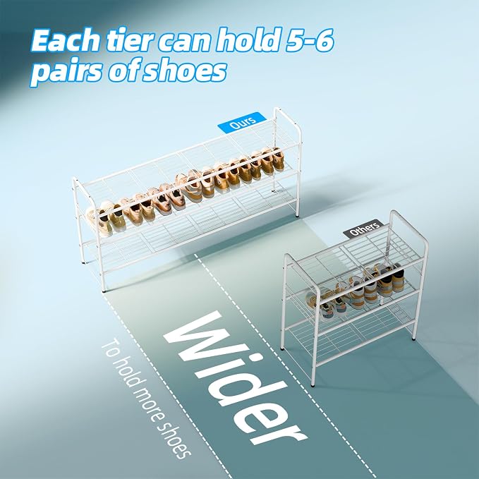 3 Tier Shoe Rack for Closet, 44 Inch Extra Long Shoe Storage Organizer for Shelves, Heavy Duty Metal, Easy Assembly, White