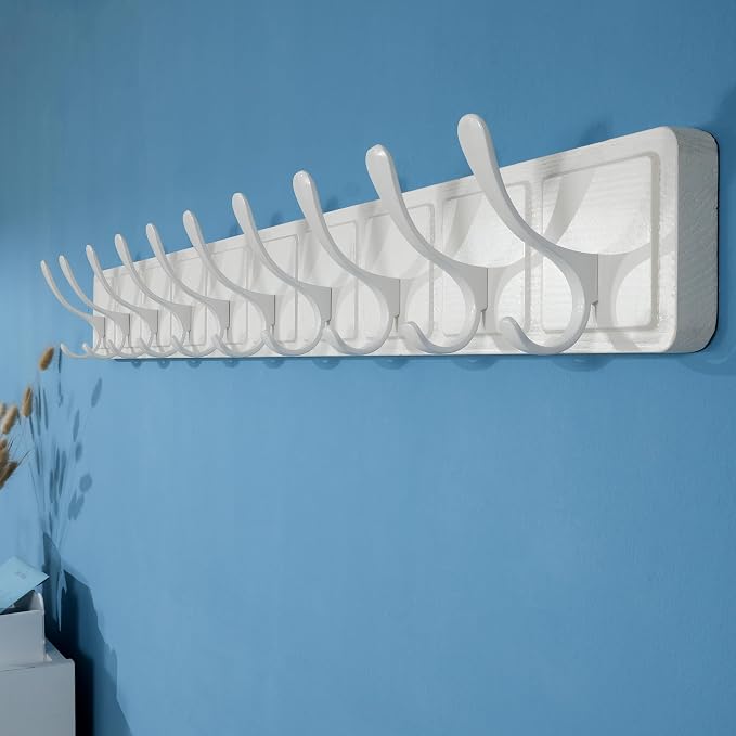 SKOLOO Scandi-Style Wooden Carved-Block Coat Hook, Wall Coat Hanger with 10 Hooks for Hanging Clothing, Hats, Scarves, White