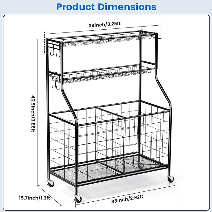Kinghouse Sport Equipment Organizer for Garage, Steel Basketball Rack with Bat Holder and Hooks, Easy Assembly Storage for Balls, Kids' Toys, Workout Gear, Home Gym, Outdoor
