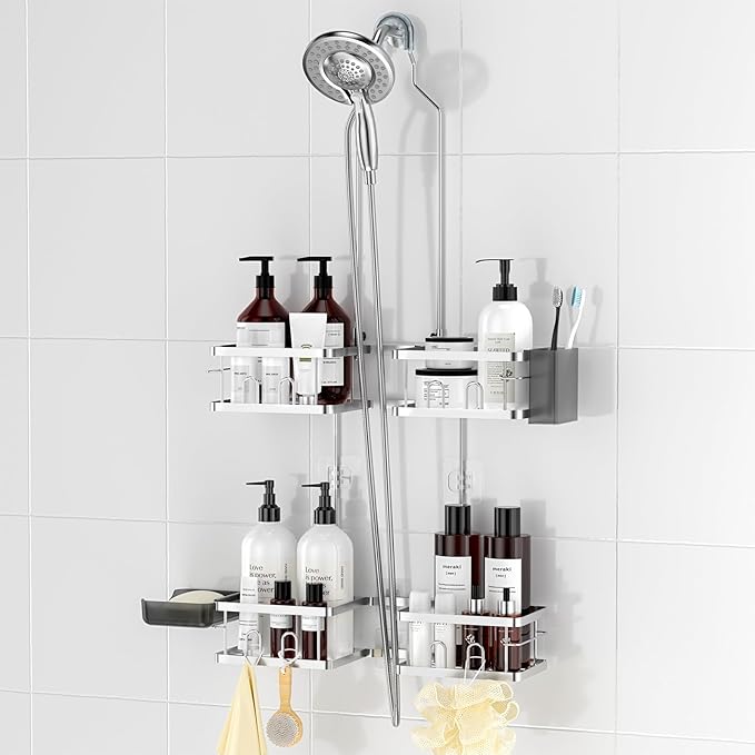 REINHARDT Adjustable Shower Caddy Hanging for Handheld Showerheads, Silver | Patented Shower Organizer, Rustproof, 40lbs Capacity, Anti-Swing, Tool-Free, Suction Cups, 8 Hooks, Soap & Toothbrush Holder