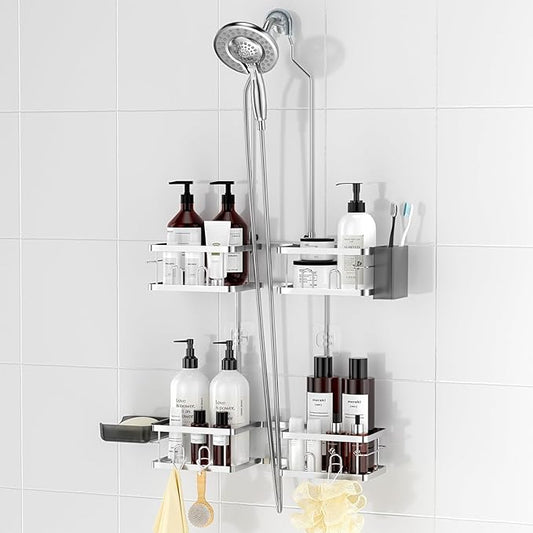 REINHARDT Adjustable Shower Caddy Hanging for Handheld Showerheads, Silver | Patented Shower Organizer, Rustproof, 40lbs Capacity, Anti-Swing, Tool-Free, Suction Cups, 8 Hooks, Soap & Toothbrush Holder