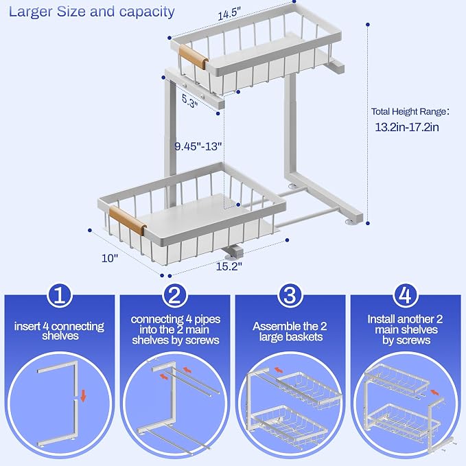 ADBIU 2 Pack Under Sink Organizers and Storage, Height Adjustable 2-Tier Pull Out Cabinet Organizer, Heavy Duty Slide Out Sink Shelf Drawer for Kitchen Bathroom Organization
