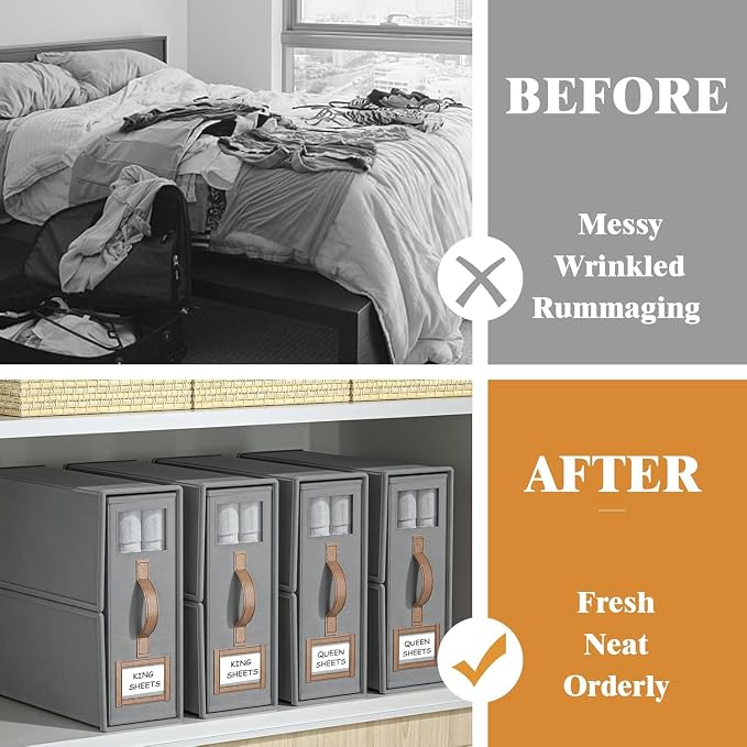 6 Pack Foldable Bed Sheets Set Organizers and Storage(King & Queen Size),Linen Fabric Closet Organizers with Window,Folding Bedding Storage Box for Bedsheets and Pillow Cube Organizer-Gray