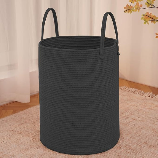 JMvicyroam 80L Cotton Rope Laundry Basket Hamper, Black | Collapsible laundry basket, reinforced handles, freestanding, machine washable, holds 3-5 thick blankets, clothes or toys