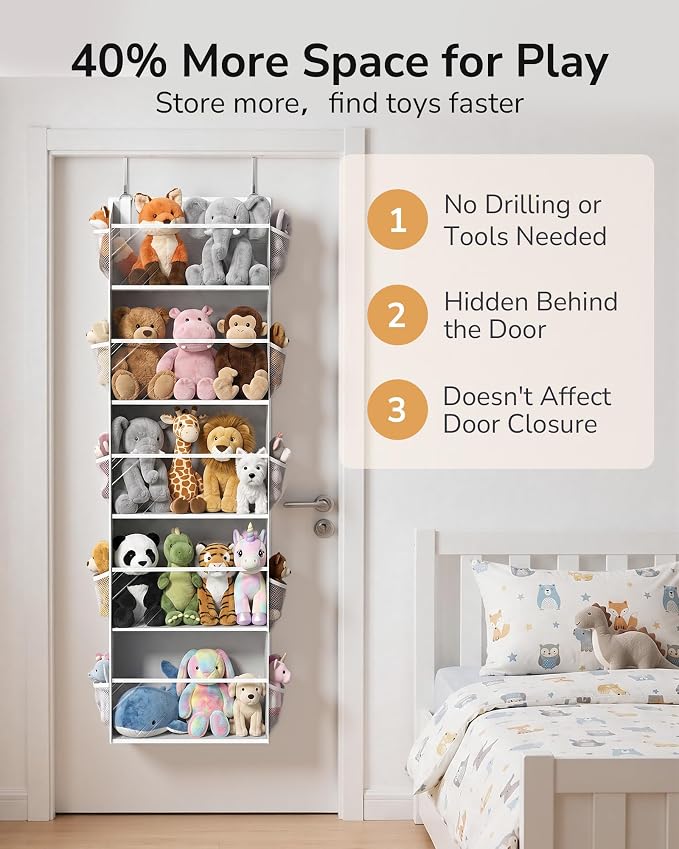 ULG Stuffed Animal Organizer Over the Door, Large Hanging Plush Toy Storage with Mesh Window, Cotton Kids Toy Organizer for Bedroom, Nursery, Playroom & Baby Items Clear Grey