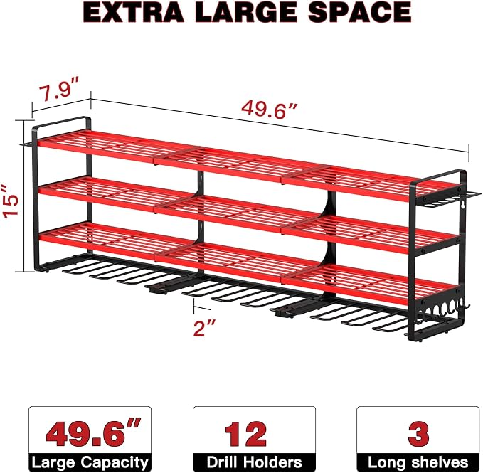 NattyDot Power Tool Organizer Wall Mount, 48-Inch 12 Drill Holders, Red | Extra-wide 48-inch Heavy-duty Wall Rack Stores 12 Cordless Drills and Assorted Tools, Maximizing Garage and Workshop Storage