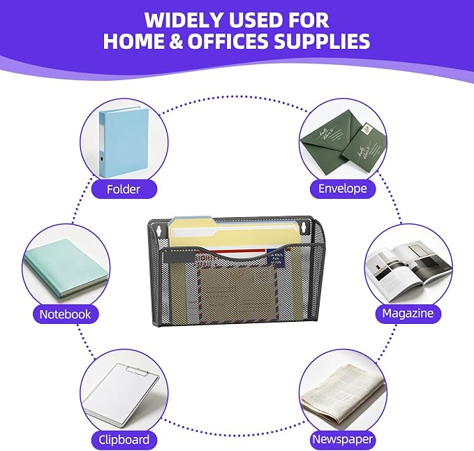 6 Pack Mesh Wall File Organizer, Wall Mount File Holder Hanging Mail Organizer Single Pocket for Office,Home,School, Black (with Label Panel)
