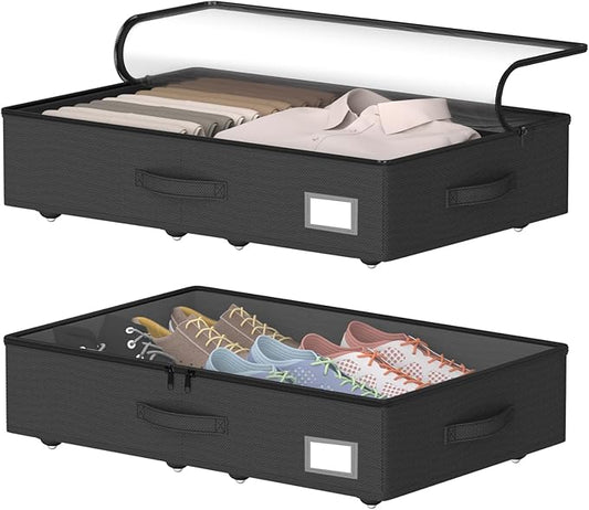 EE-RoomWorld Underbed Storage With Wheels, No Assembly Required - 5.5 Inch Height Black Underbed Bins, Low Profile Rolling Shoe Storage Containers for Dorm