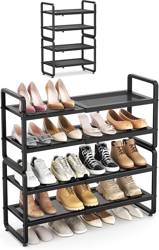 SAYZH Expandable Shoe Rack for Closet, Adjustable Metal Shoe Organizer with Sturdy Mesh Shelves for Boots & Heels, Stackable Shoe Storage for Entryway, Garage, Small Spaces (Black, 4-Tier)