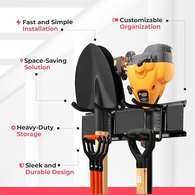 TIDYME Garage Wall Organizer, Shovel Holder Wall Mount, 80" Double Hooks | 500 lbs, adjustable double-layer tool hangers for garage wall, holds ladders, shovels, rakes, hoses & power tools