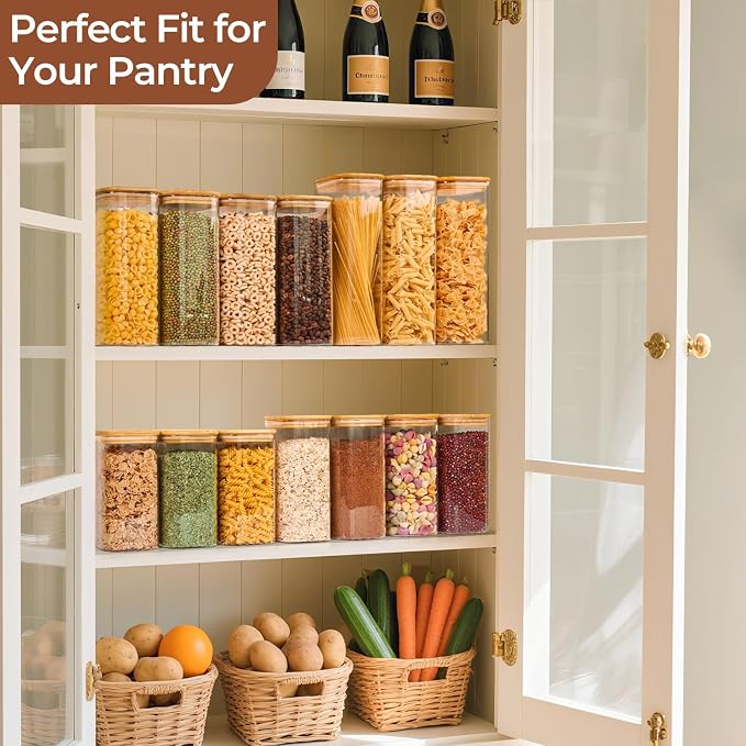 ComSaf Glass Storage Containers wtih Lids 1.9 Qt, Set of 3 Food Storage Jar | Pantry Storage Containers, Glass Jar, Square Canisters, Bamboo Lid with Silicone Seal, Cookie, Cereal, Coffee, 61oz, BPA Free