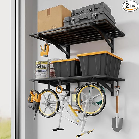 Jusgym 2-Pack 2x3ft Garage Shelving Wall Mounted, 2' x 3' Heavy Duty Garage Storage Shelves with Hooks, 500LB Capacity