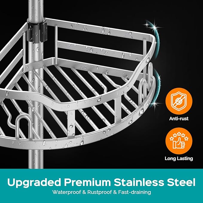HAMITOR Corner Shower Caddy Tension Pole: Rustproof 4-Tier Bathroom Organizer Shelves for Bathtub Shampoo Storage - 47-121 Inch Quick Install Adjustable Rod Standing Rack with Soap Rack - Silver Gray