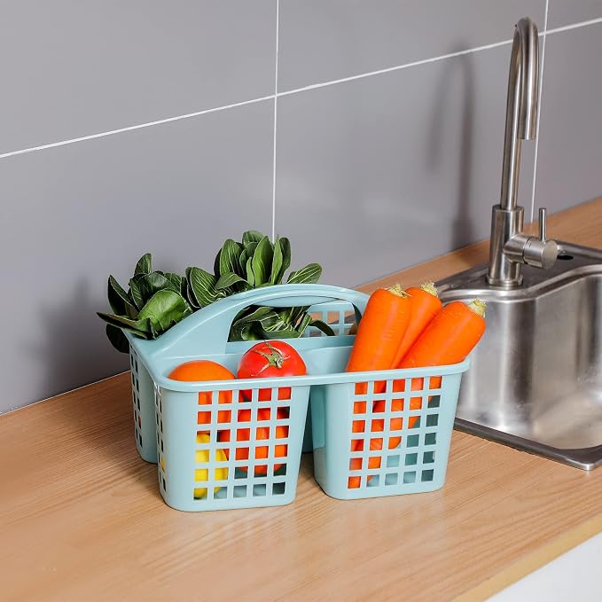 Portable Shower Caddy Basket Plastic Storage Basket with Divided Light Blue | Sturdy Large Capacity Cleaning Supplies Organizer Compartments Tool Bin for Bathroom Kitchen Bedroom College Dorm Essentials