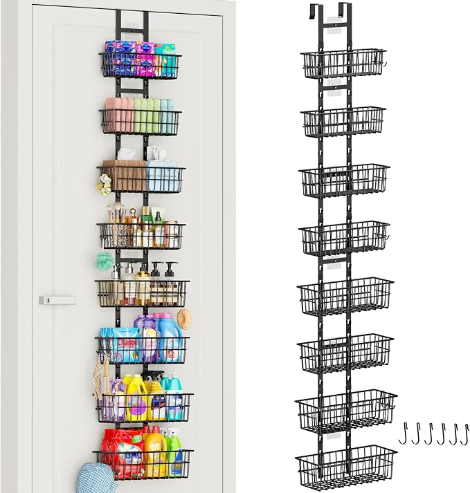 Hongtamoya 8 Tier Over The Door Organizer, Adjustable Hanging Door Organizer with 8 Wire Baskets 6 Hooks, Behind The Door Storage for Pantry Closet Bedroom Bathroom Cabinet Kitchen Laundry Room, Black