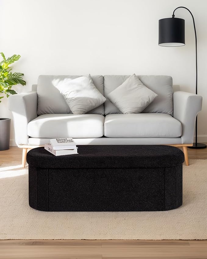 43.3 Inches Foldable Storage Ottoman Bench, Oval Footrest | Teddy Boucle Fabric, Hidden Storage, Soft Padded Seat, End Of Bed Bench For Bedroom, Living Room and Entryway, Black
