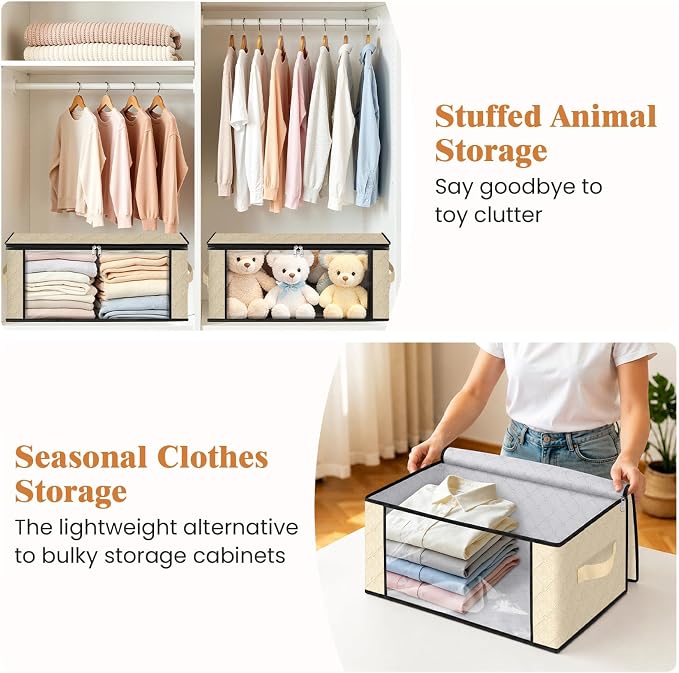 Fab totes 35L Closet Organizers and Storage, Foldable Under Bed Storage Containers, Storage bags for Organizing Bedroom, Closet, Clothing,Organization with Handle (4 Pack,Beige)
