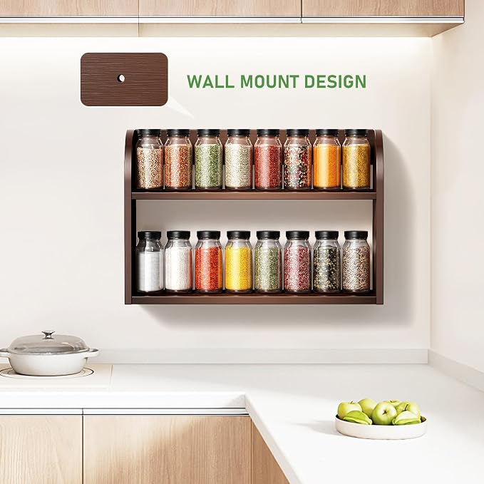 ROMGUAR CRAFT 2 Tier Bamboo Spice Rack, Countertop or Wall Mounting Wood Spice Jars Organizer Shelf for Kitche, Pantry (Brown)