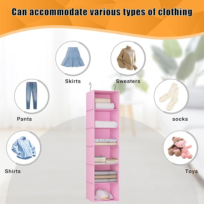 Hanging Closet Organizer 6-Shelf, Oxford Fabric Wardrobe Storage, Pink | Easy-mount foldable design holds clothes, handbags, shoes & accessories; washable Oxford fabric, sturdy and space-saving.