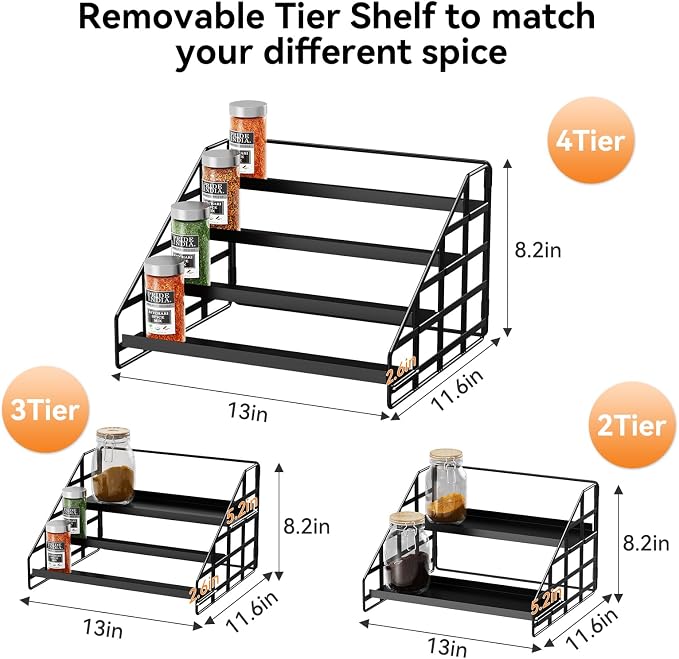 Bunoxea 4 Tier Adjustable Spice Rack for Cabinet & Countertop, Black 2Pack | Depth Adjustable,Anti-drop Guard Rail,Tiered Cabinet Organizer,Holds 24+ Jars,for Cabinet, Pantry & Kitchen Countertop