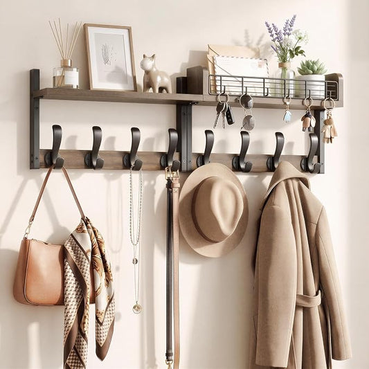 Delamu 32" Coat Rack with Shelf, 4 in 1 Coat Hanger Wall Mount with Shelf, Wooden Entryway Wall Organizer with Hooks, Brown