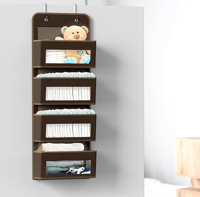 Simple Houseware 4 Clear Window Pocket Over Door Hanging Organizer, Brown | Over the Door Storage for Closet, Bedroom, Bathroom, Pantry