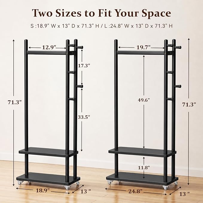 Taitiy Coat Rack Solid Wood Stand Storage 2 Shelves 4 Hooks Black | Entryway hallway bedroom office, durable wood construction, freestanding design, coats hats bags storage