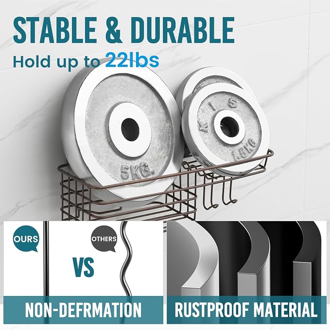 TAILI Shower Caddy Suction Cup with Hooks & Soap Holder, Heavy Duty Bathroom Shower Organizer, No Drilling Shelves for Inside Bathroom, Brown Metal Storage Holder