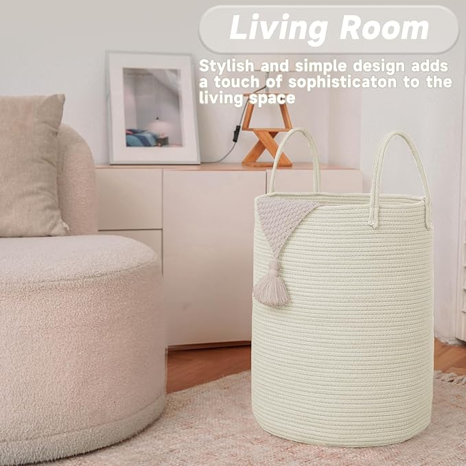 JMvicyroam 60L Cotton Rope Laundry Basket Hamper, White | Collapsible laundry basket, reinforced handles, freestanding, machine washable, holds 3-5 thick blankets, clothes or toys
