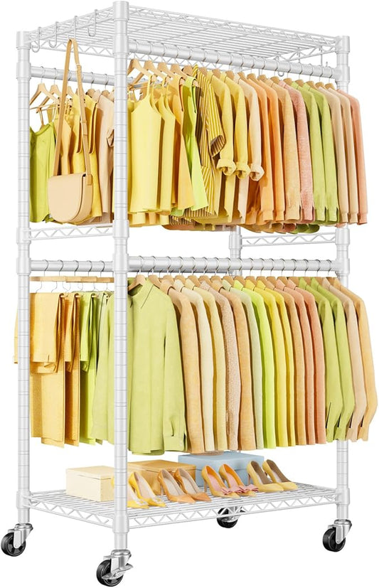 ULIFHOME P4 Rolling Clothes Rack, Clothing Racks for Hanging Clothes, White | Heavy Duty Garment Rack with Wheels, 2-Tier Free Standing Portable Closet Racks 35.5''W × 20.5''D × 80.5''H, Max Load 560Lbs